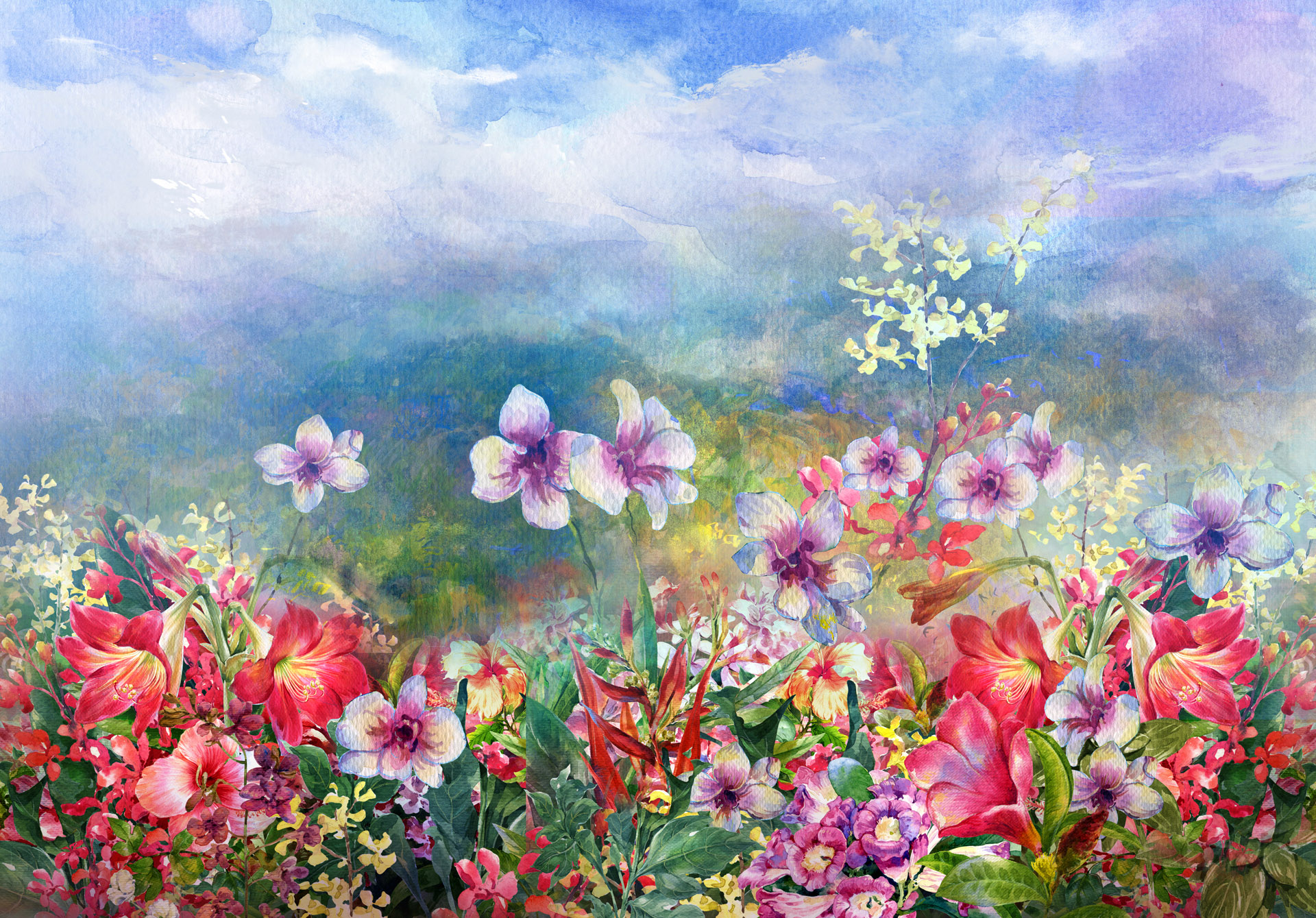 painting of pink and purple flowers with a meadow
