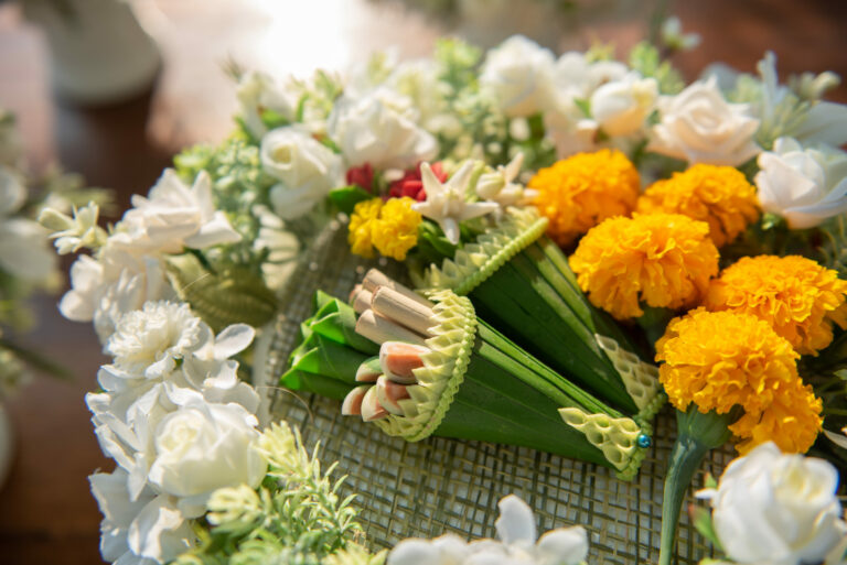 orange green and white thai wedding flower garlands